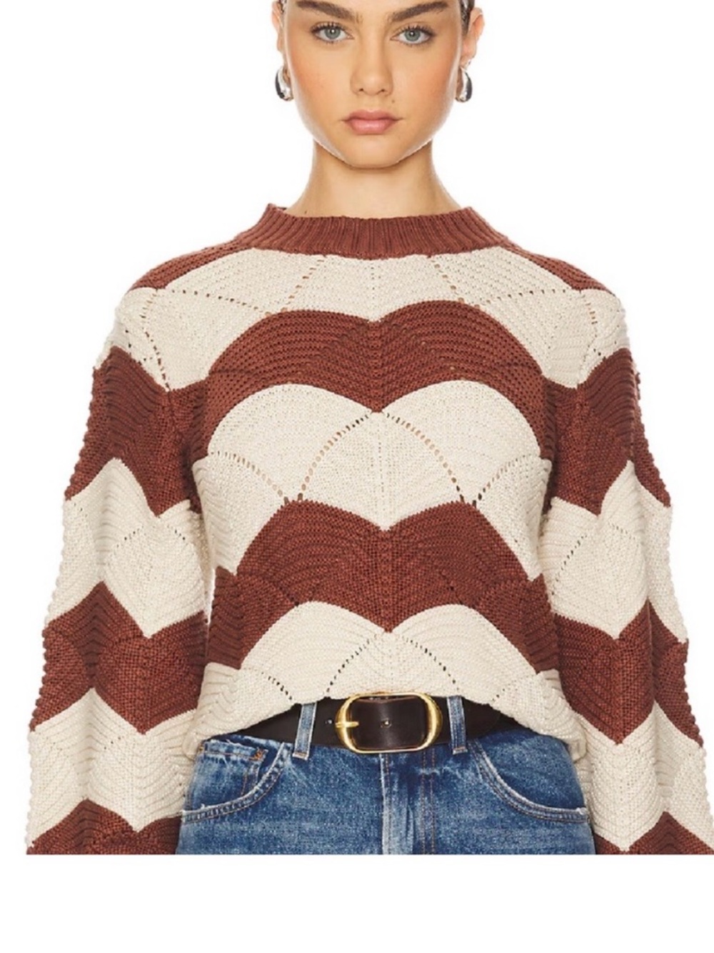 Cleobella Cream & Brown Chevron Crewneck Sweater
